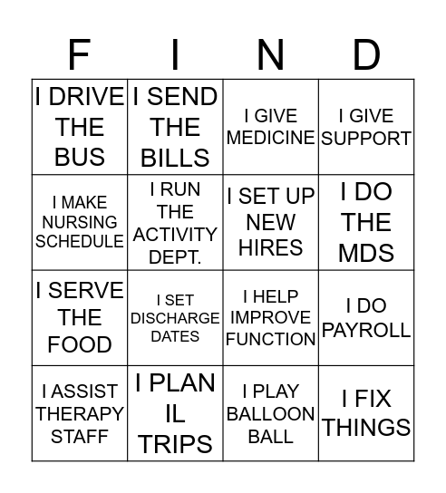 FIND THE DEPARTMENT Bingo Card