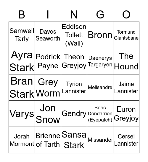 GOT Death Bingo Card