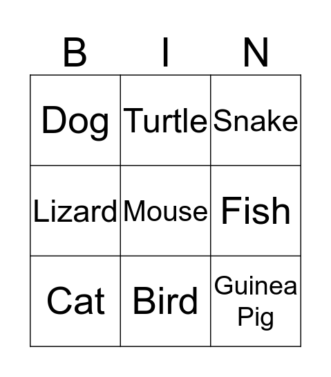 Animal Bingo Card