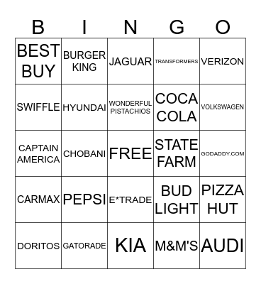 SUPERBOWL COMMERCIAL Bingo Card