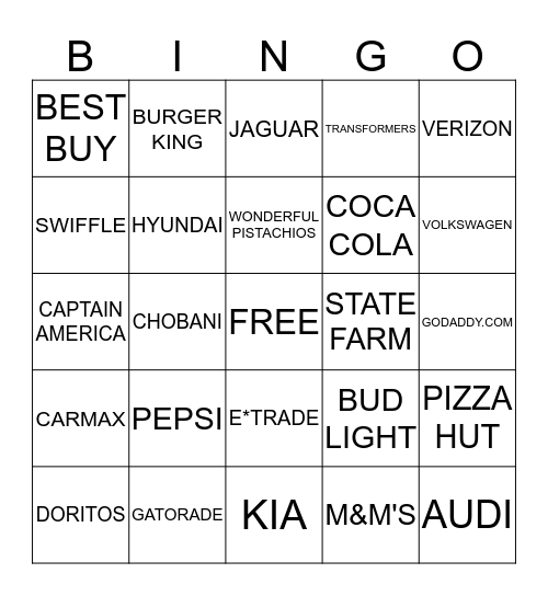 SUPERBOWL COMMERCIAL Bingo Card