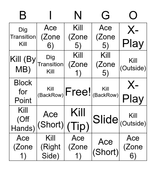 Volleyball Bingo Card