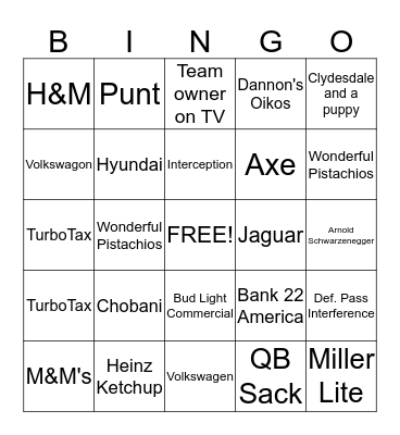 Super Bowl Bingo Card