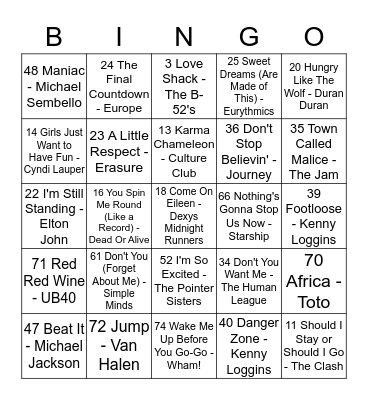 Jukebox Bingo - 80s Round Bingo Card