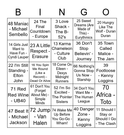 Jukebox Bingo - 80s Round Bingo Card
