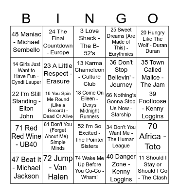 Jukebox Bingo - 80s Round Bingo Card
