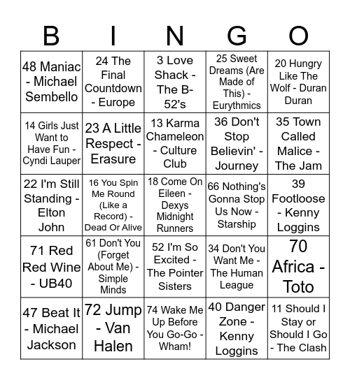 Jukebox Bingo - 80s Round Bingo Card