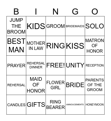 WEDDING ITEMS NEEDED Bingo Card