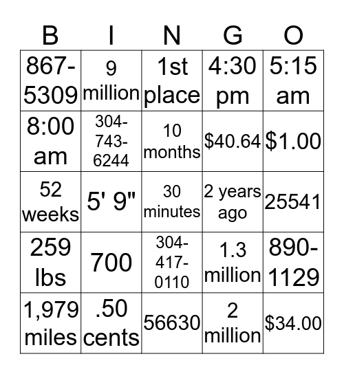 Advanced Numbers Bingo Card