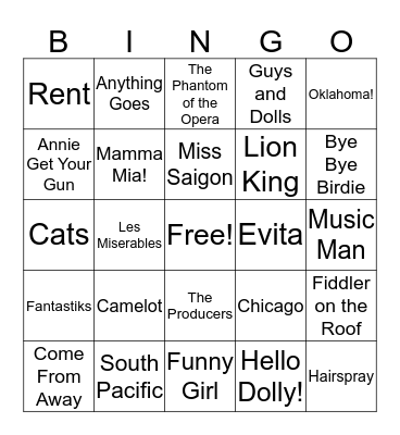 The PAC's First Friday Broadway Bingo Card