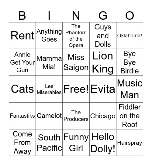 The PAC's First Friday Broadway Bingo Card