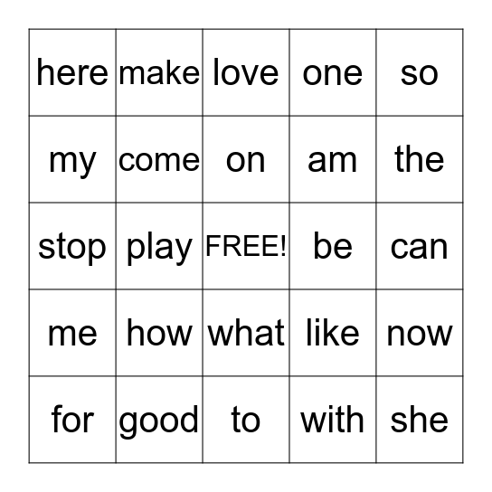 Sight Word Bingo Card