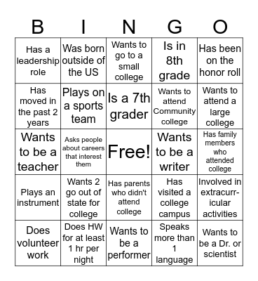 College 101 - Bingo Card