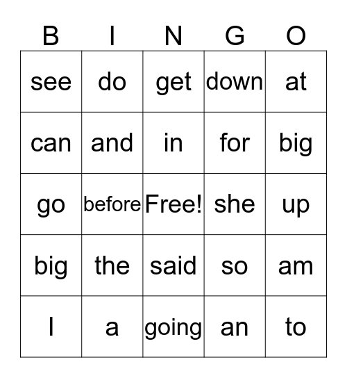 SIGHT WORD Bingo Card