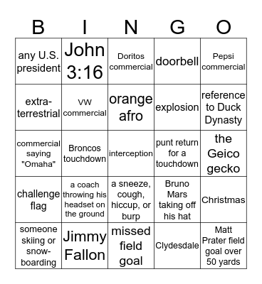 Super Bowl 2014 BINGO Card