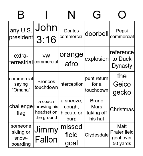 Super Bowl 2014 BINGO Card
