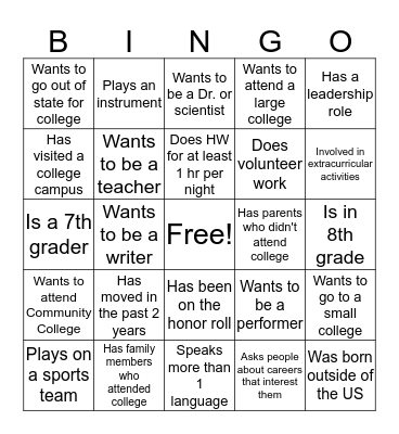 College 101 - Bingo Card