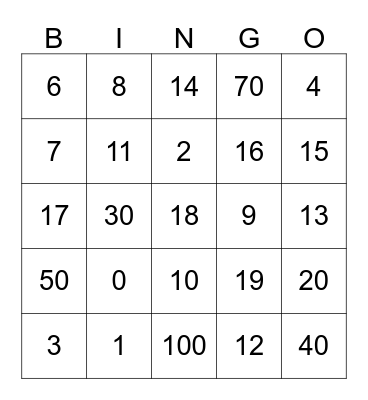 Number Bingo Card