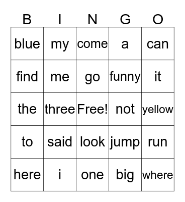 Sight Word Bingo Card