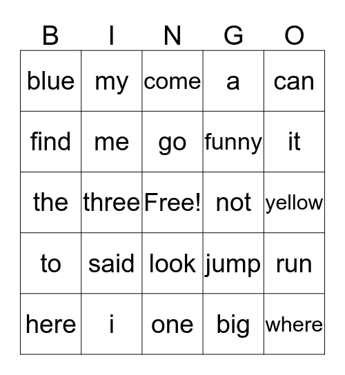 Sight Word Bingo Card