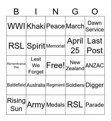 Anzac Day Bingo Card