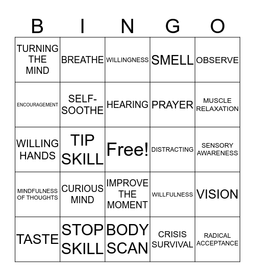 DISTRESS TOLERANCE Bingo Card