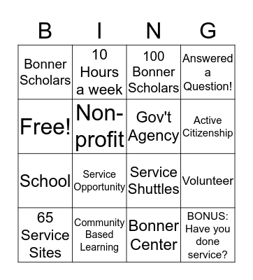Community Service Bingo Card