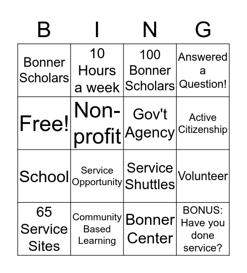 Community Service Bingo Card