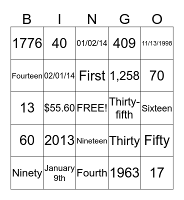 Numbers Bingo Card