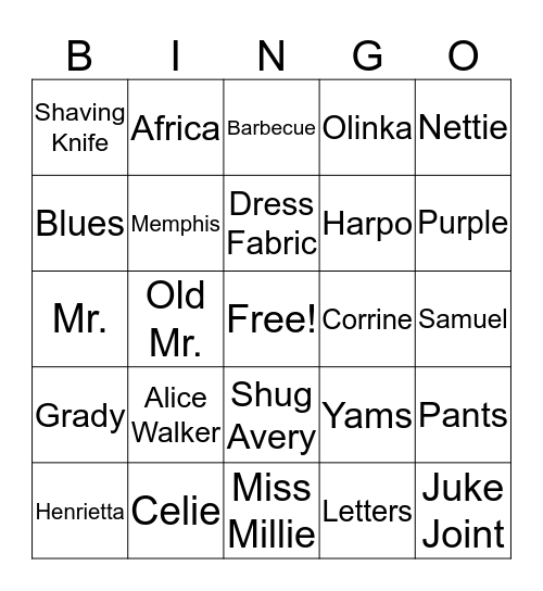 The Color Purple Bingo Card