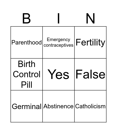 Reproductive Choices Bingo Card