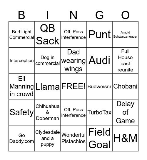 Super Bowl Bingo Card