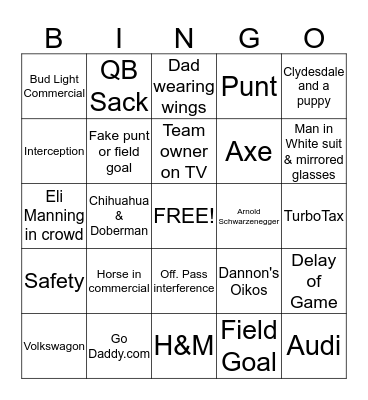 Super Bowl Bingo Card