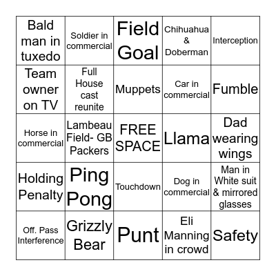 Super Bowl BINGO Card