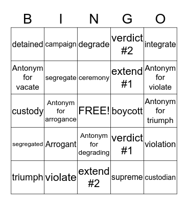 Vocabulary 2 Bingo Card