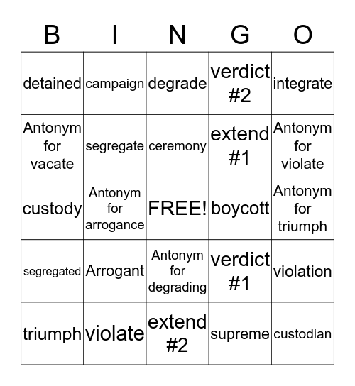 Vocabulary 2 Bingo Card