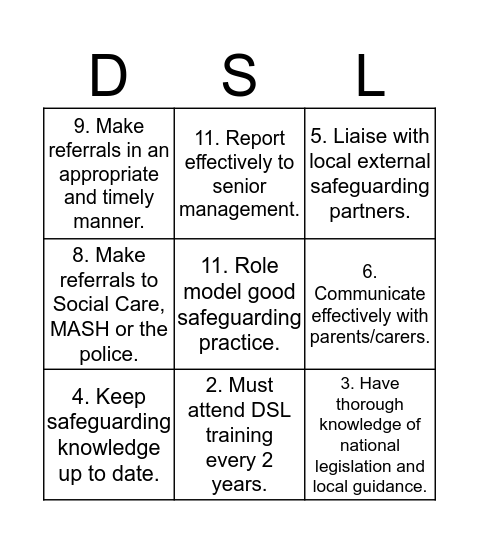DSL Roles and Responsibilities Bingo Card