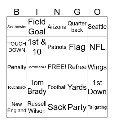 Super Bowl Bingo 2015 Bingo Card