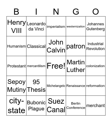 Renaissance, Reformation,  & Imperialism Bingo Card