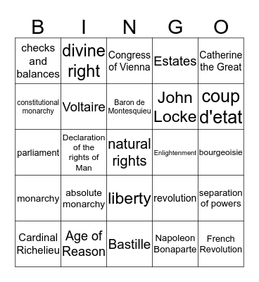 Monarchs, Enlightenment, French Revolution Bingo Card