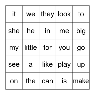 Sight Words Bingo Card
