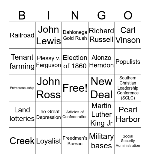 Georgia Studies History Review Bingo Card