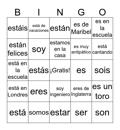 Ser y Estar Bingo Card