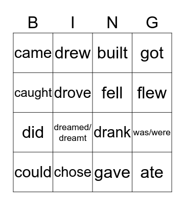 Irregular Verbs Bingo Card