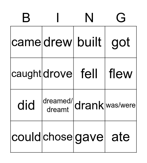 Irregular Verbs Bingo Card