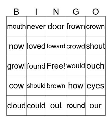 1st Grade Spelling Words - Phonics "ou" & "ow" Bingo Card