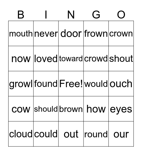 1st Grade Spelling Words - Phonics "ou" & "ow" Bingo Card