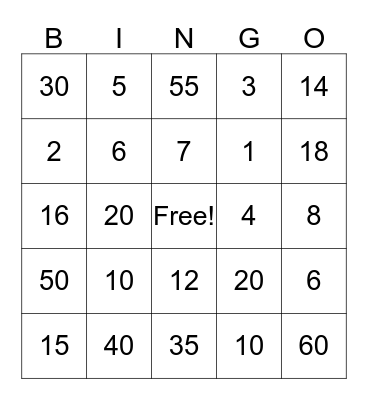 Multiplication Bingo!!! Bingo Card