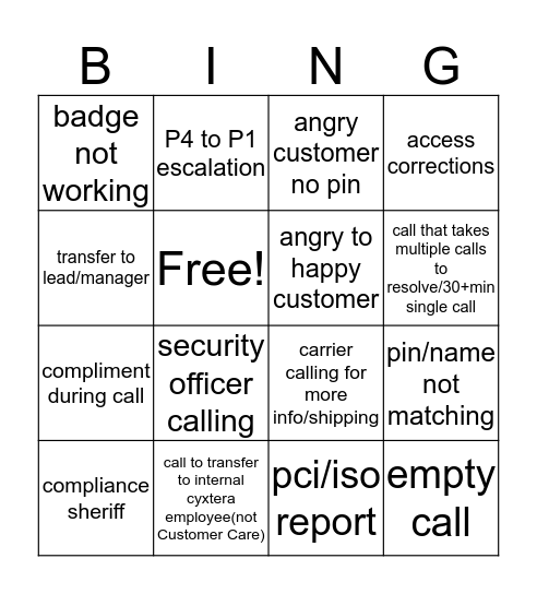 Customer Care Bingo Card