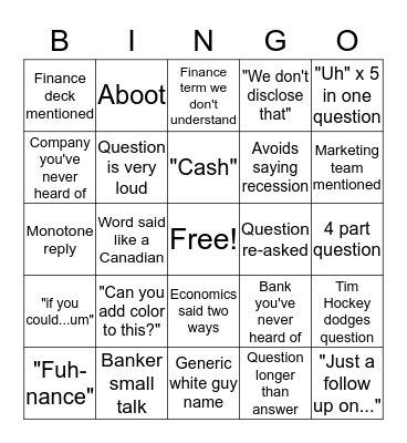 TDA Earnings Call Bingo Card